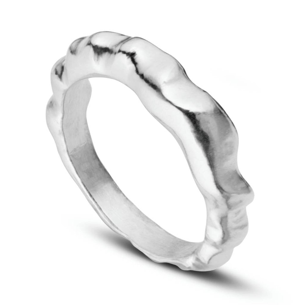 Aimless C recycled sterling silver sculptural stacking ring on white background