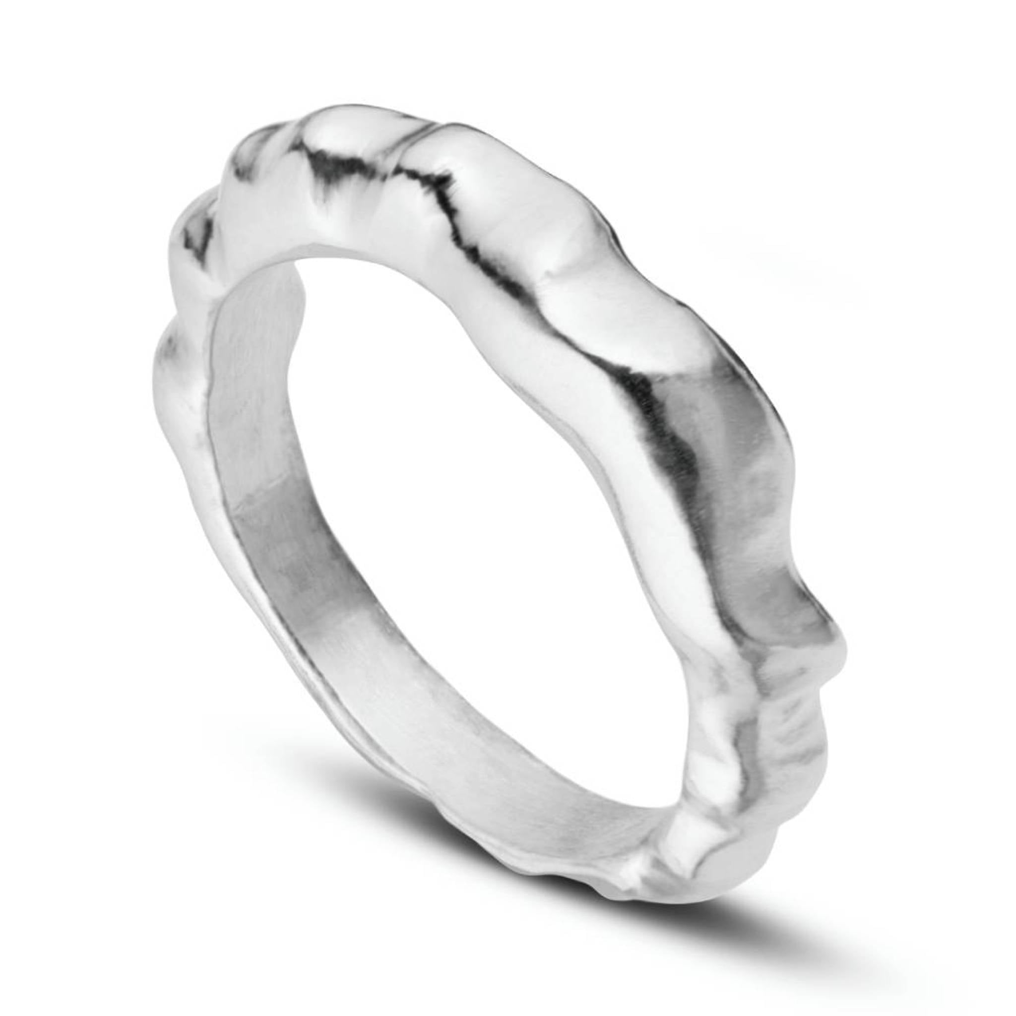 Aimless C recycled sterling silver sculptural stacking ring on white background