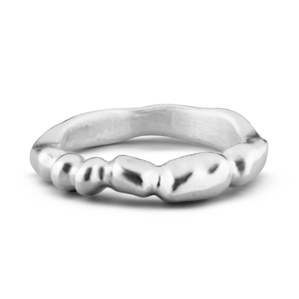 Aimless A recycled sterling silver sculptural stacking ring close up on white background