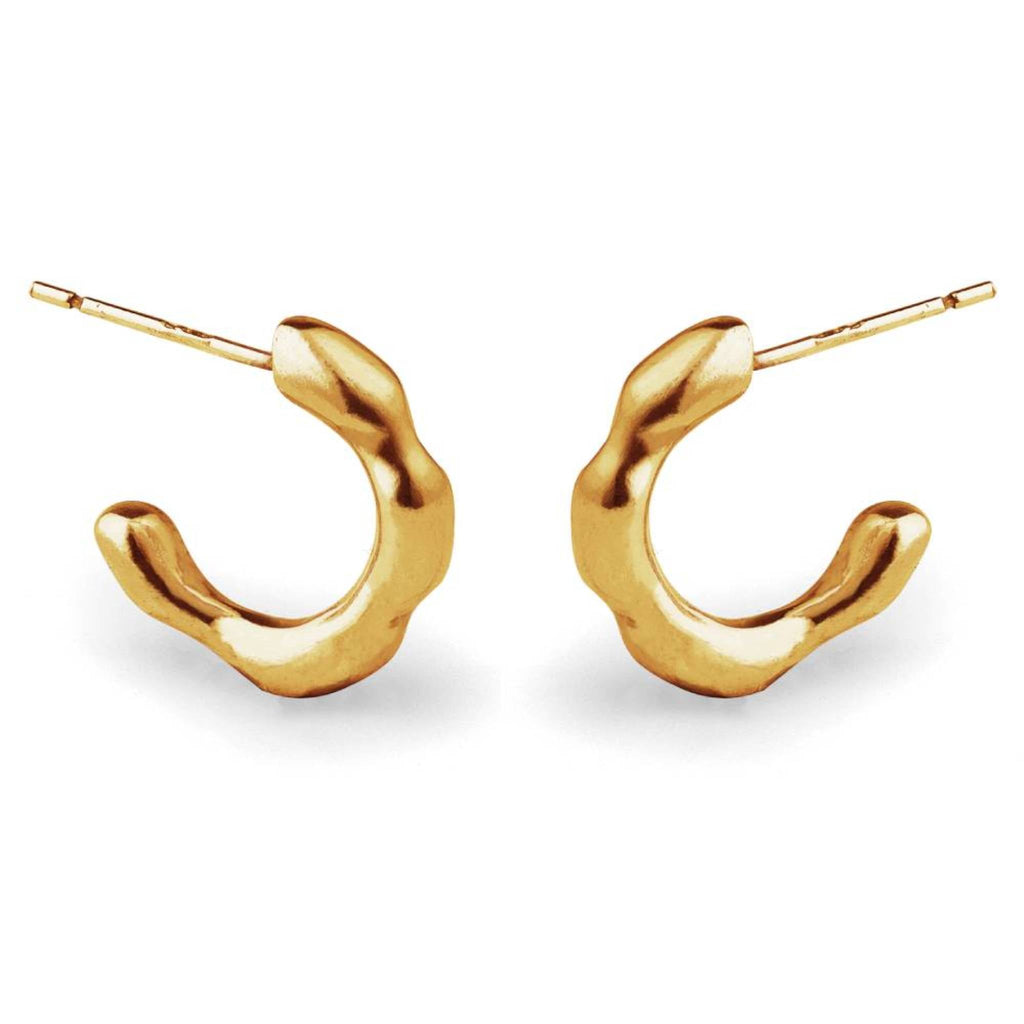 The Huggies 18ct gold vermeil small hoop earrings front view showing wavy sculptural texture