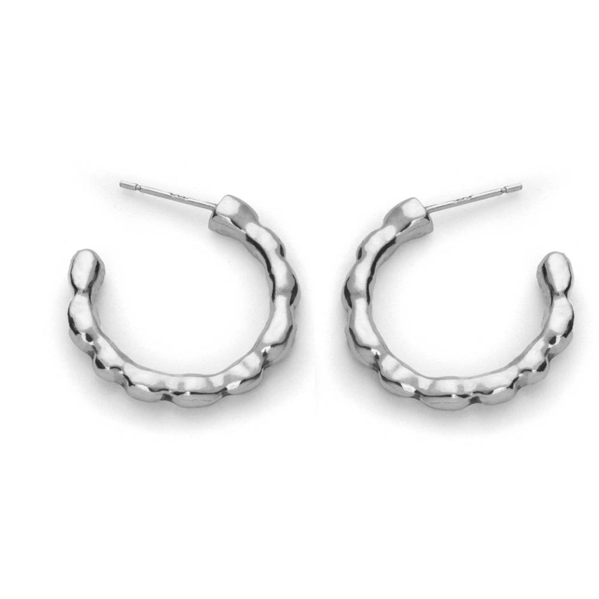 The Recollections recycled sterling silver textured open hoop earrings pair close up on white background