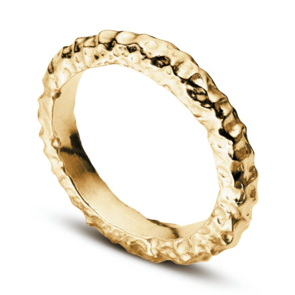 Shy Guy 18ct gold vermeil stacking ring angled view showing hammered molten detail