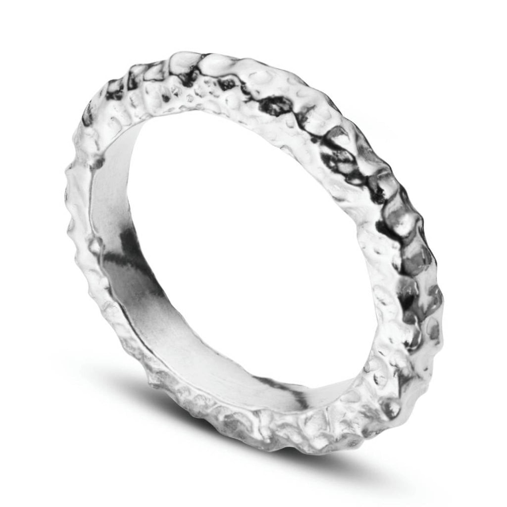 Shy Guy recycled sterling silver ring angled view showing hammered organic detail