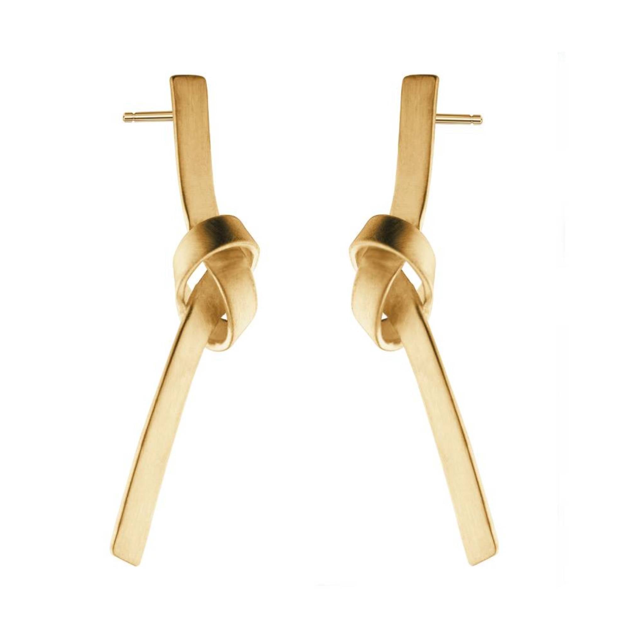 Trussed Drops 18ct gold vermeil knotted drop earrings pair close up on white background