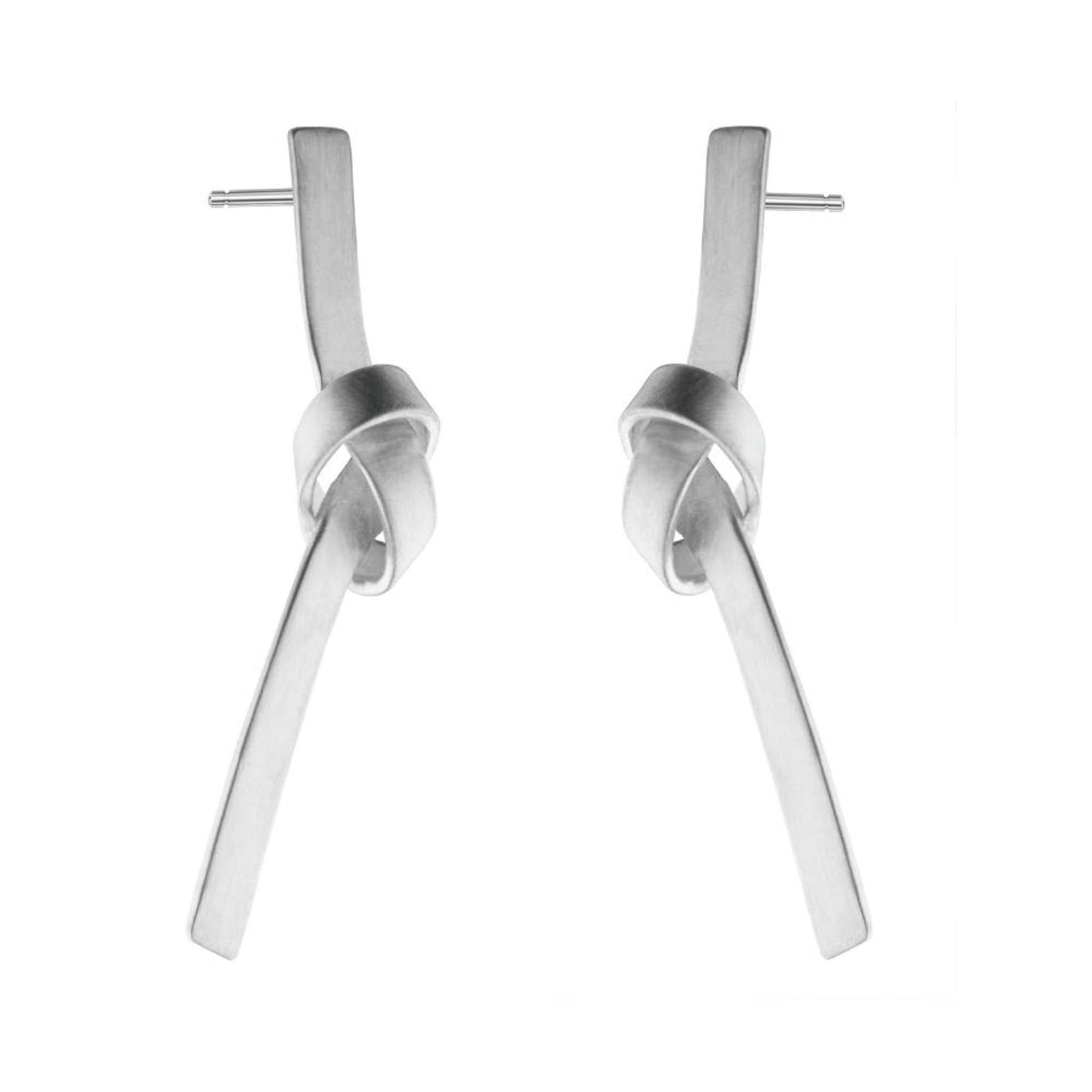 Trussed Drops recycled sterling silver knotted drop earrings pair close up on white background