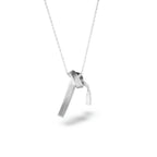 Trussed recycled sterling silver linear knot pendant necklace close up on white background