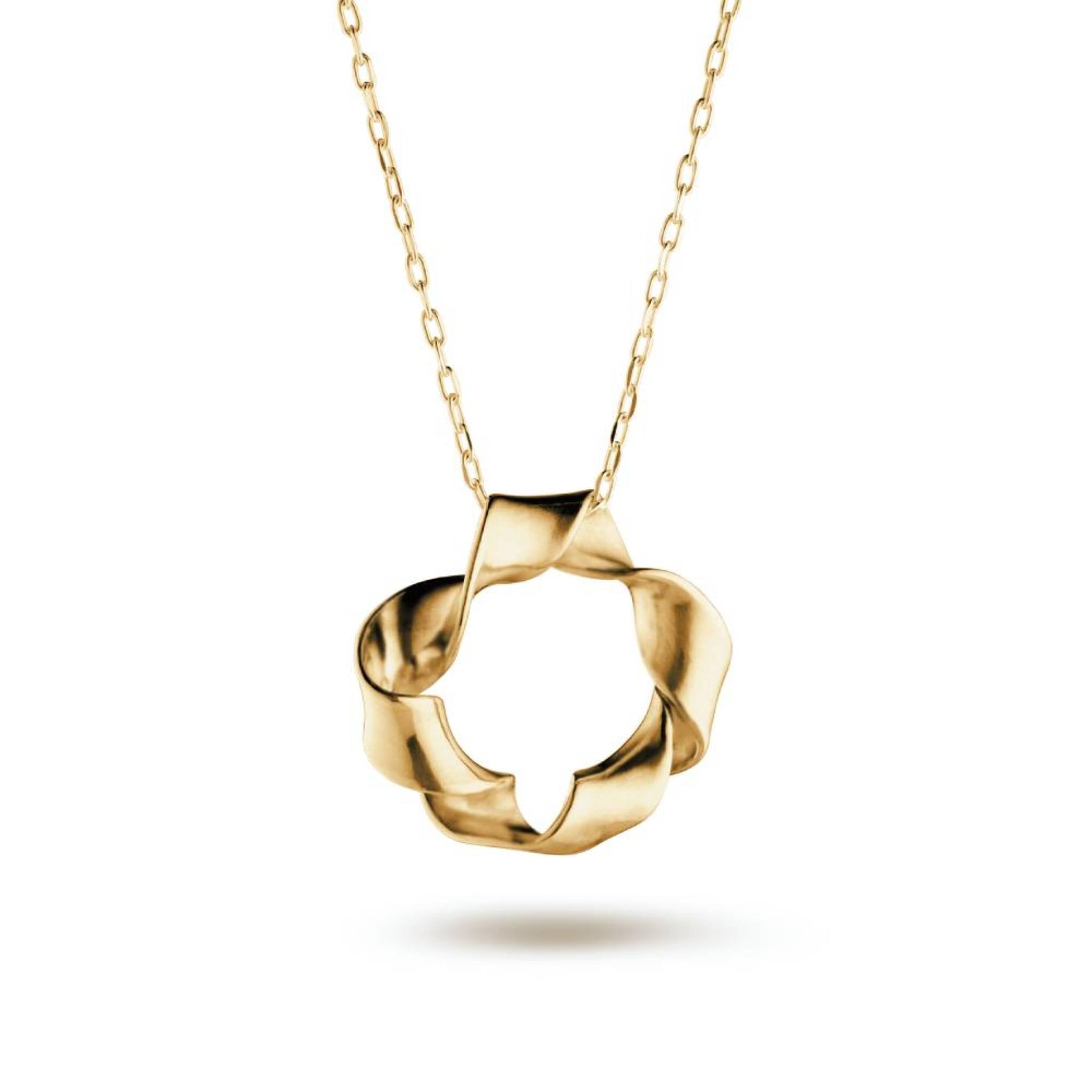 Twisted 18ct gold vermeil organic circle pendant necklace close up on white background