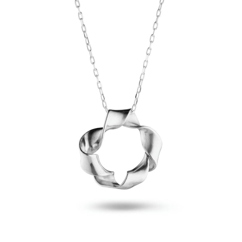 Twisted recycled sterling silver organic circle pendant necklace close up on white background